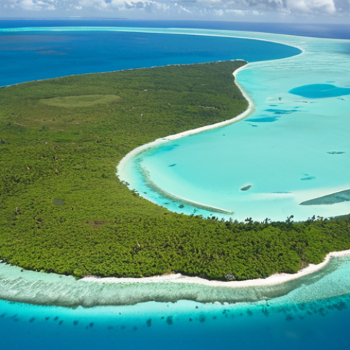 Home 23 A serene aerial view of Kiribati's atolls, showcasing the contrast between the peaceful turquoise waters and the remnants of war bunkers along the shore. The image should evoke a sense of resilience and the passage of time.