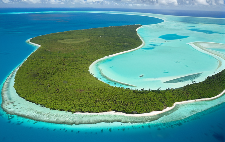 A serene aerial view of Kiribati's atolls, showcasing the contrast between the peaceful turquoise waters and the remnants of war bunkers along the shore. The image should evoke a sense of resilience and the passage of time.