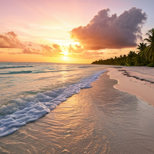 Home 22 A serene Kiribati beach at sunset, gentle waves lapping the shore, with a focus on the soft, melodic quality of the Kiribati language as it blends with the sounds of nature.