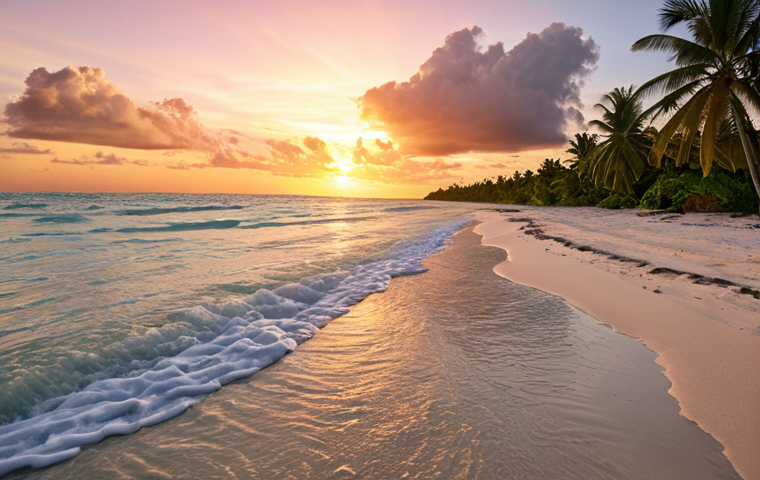 A serene Kiribati beach at sunset, gentle waves lapping the shore, with a focus on the soft, melodic quality of the Kiribati language as it blends with the sounds of nature.