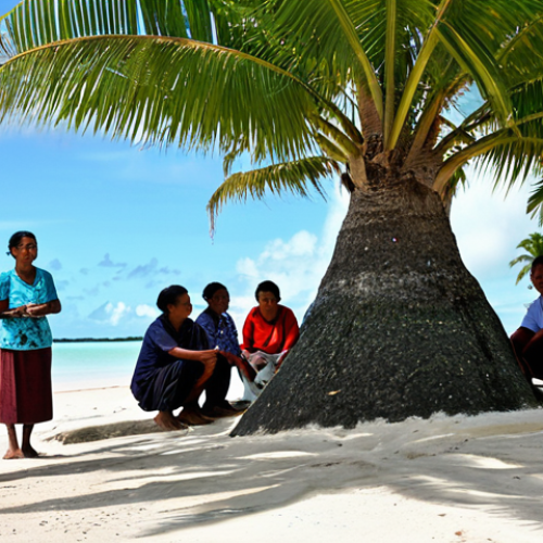 Home 21 A professional female linguist, fully clothed in modest business casual attire, respectfully interacting with diverse Kiribati islanders. She is seen engaging with a community group in a traditional village, observing a local market bustling with people, and listening attentively to an elder by a coconut tree-lined beach. All islanders are fully clothed in appropriate, traditional, modest attire, showcasing natural poses. The scene is well-lit, capturing the vibrant culture and the subtle differences in communication across the islands, with clear blue skies and lush tropical greenery. safe for work, appropriate content, fully clothed, family-friendly, perfect anatomy, correct proportions, natural pose, well-formed hands, proper finger count, natural body proportions, professional photography, high quality.