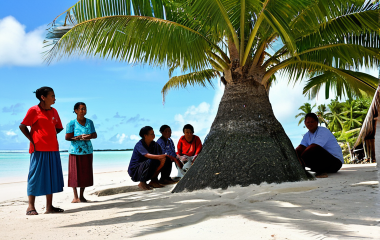 A professional female linguist, fully clothed in modest business casual attire, respectfully interacting with diverse Kiribati islanders. She is seen engaging with a community group in a traditional village, observing a local market bustling with people, and listening attentively to an elder by a coconut tree-lined beach. All islanders are fully clothed in appropriate, traditional, modest attire, showcasing natural poses. The scene is well-lit, capturing the vibrant culture and the subtle differences in communication across the islands, with clear blue skies and lush tropical greenery. safe for work, appropriate content, fully clothed, family-friendly, perfect anatomy, correct proportions, natural pose, well-formed hands, proper finger count, natural body proportions, professional photography, high quality.