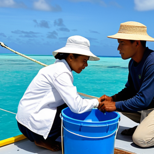 Home 20 A professional female marine biologist and a local male fisherman from Kiribati collaborating on a small research vessel in the vast, clear blue waters of Kiribati's Exclusive Economic Zone. The biologist wears a modest, light professional field uniform with long sleeves and a sun hat. The fisherman is in appropriate, traditional, and fully clothed attire, including a long-sleeved shirt and trousers. They are naturally posed, examining a marine specimen (a fish) in a bucket on deck. In the background, a distant lush green island is visible. The scene emphasizes sustainable marine resource management and scientific cooperation. High-resolution, professional photography, natural lighting, perfect anatomy, correct proportions, well-formed hands, proper finger count, natural body proportions, safe for work, appropriate content, fully clothed, professional, modest.