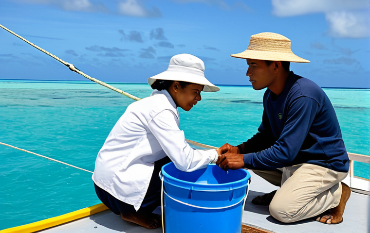 A professional female marine biologist and a local male fisherman from Kiribati collaborating on a small research vessel in the vast, clear blue waters of Kiribati's Exclusive Economic Zone. The biologist wears a modest, light professional field uniform with long sleeves and a sun hat. The fisherman is in appropriate, traditional, and fully clothed attire, including a long-sleeved shirt and trousers. They are naturally posed, examining a marine specimen (a fish) in a bucket on deck. In the background, a distant lush green island is visible. The scene emphasizes sustainable marine resource management and scientific cooperation. High-resolution, professional photography, natural lighting, perfect anatomy, correct proportions, well-formed hands, proper finger count, natural body proportions, safe for work, appropriate content, fully clothed, professional, modest.