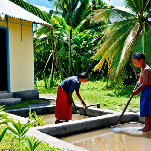 Home 9 A group of adult Kiribati islanders, mixed gender, fully clothed in traditional modest attire, engaged in daily life. One person tends to a small sustainable garden, while another collects rainwater from a clean cistern. The scene is a vibrant, sun-drenched Kiribati village, with lush tropical foliage, traditional homes, and clear blue skies in the background. Professional photography, high detail, natural lighting, perfect anatomy, correct proportions, natural poses, well-formed hands, proper finger count, natural body proportions, safe for work, appropriate content, fully clothed, family-friendly, modest clothing.