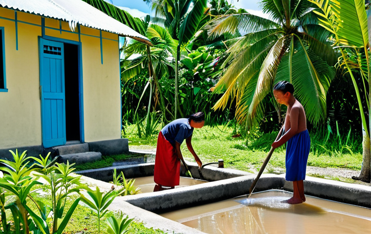 A group of adult Kiribati islanders, mixed gender, fully clothed in traditional modest attire, engaged in daily life. One person tends to a small sustainable garden, while another collects rainwater from a clean cistern. The scene is a vibrant, sun-drenched Kiribati village, with lush tropical foliage, traditional homes, and clear blue skies in the background. Professional photography, high detail, natural lighting, perfect anatomy, correct proportions, natural poses, well-formed hands, proper finger count, natural body proportions, safe for work, appropriate content, fully clothed, family-friendly, modest clothing.