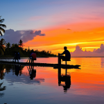 Sunset over a Kiribati Lagoon**
"A stunning sunset over a calm lagoon in Kiribati, reflecting vibrant orange and red hues, palm trees silhouetted against the sky, fully clothed local people watching the sunset from the shore, appropriate content, safe for work, perfect anatomy, natural proportions, high-resolution photograph, professional quality, modest setting, family-friendly"
**