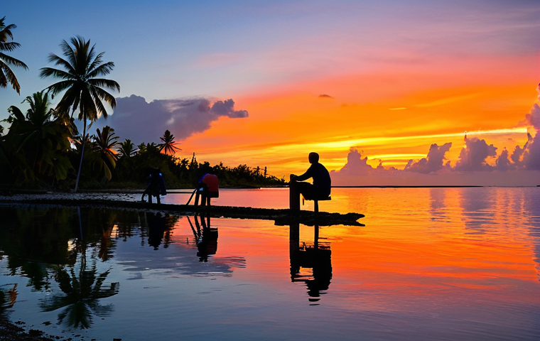 Sunset over a Kiribati Lagoon**
"A stunning sunset over a calm lagoon in Kiribati, reflecting vibrant orange and red hues, palm trees silhouetted against the sky, fully clothed local people watching the sunset from the shore, appropriate content, safe for work, perfect anatomy, natural proportions, high-resolution photograph, professional quality, modest setting, family-friendly"
**