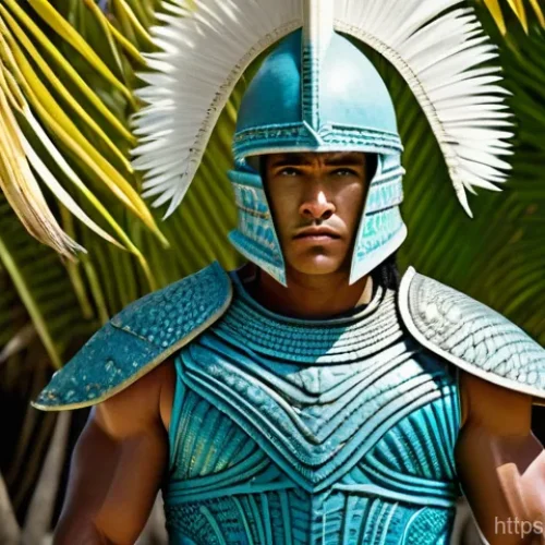 Home 4 키리바시 코코넛 활용 문화 - A powerful Kiribati warrior stands defiantly on a sun-drenched sandy beach, framed by lush coconut p...