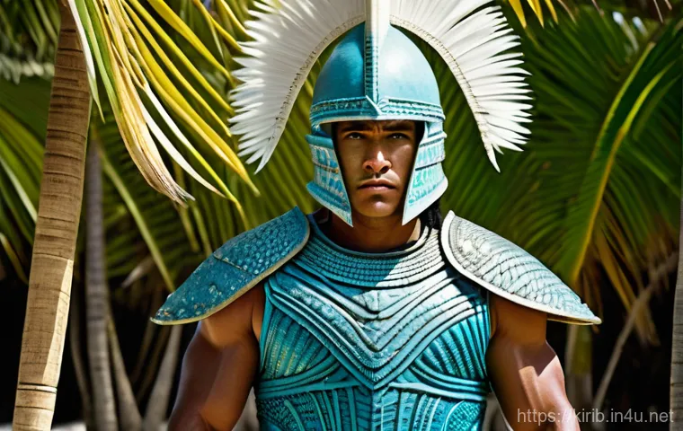 키리바시 코코넛 활용 문화 - A powerful Kiribati warrior stands defiantly on a sun-drenched sandy beach, framed by lush coconut p...