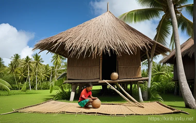 키리바시 코코넛 활용 문화 - A powerful Kiribati warrior stands defiantly on a sun-drenched sandy beach, framed by lush coconut p...