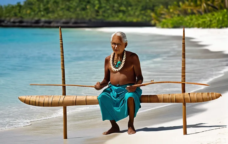 키리바시 코코넛 활용 문화 - A serene and picturesque scene of traditional Kiribati village life. In the foreground, a "Buia" tra...